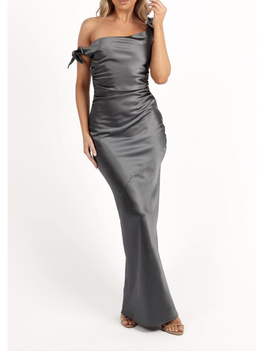 Petal & Pup Selma Steel Gray Asymmetric Off Shoulder Maxi Dress Size S NWT